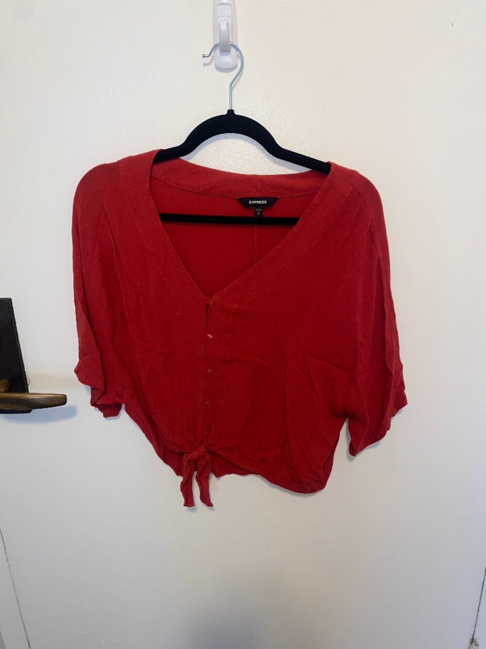 Express Coral Pink Button Front Tie Waist Short Sleeve Top